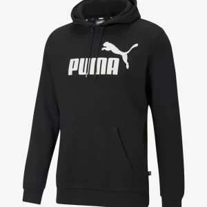 Sudadera Puma Classics Logo Hoodie negra con logotipo blanco estampado en el pecho. Es una sudadera Puma con capucha y bolsillo delantero, disponible en Breakaway