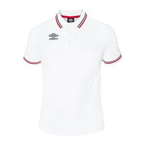 Polo Umbro blanco, con ribetes en rojo y azul marino en el cuello y las mangas, y el logotipo Umbro bordado en azul marino en el pecho. ¡Encuentra tu talla en Breakaway!