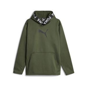 Sudadera Puma Train PWR verde con logotipo negro estampado en el pecho y letras PUMA alrededor de la capucha. Es una sudadera Puma con capucha y bolsillo delantero, disponible en Breakaway