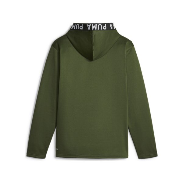 Sudadera Puma Train PWR verde con logotipo negro estampado en el pecho y letras PUMA alrededor de la capucha. Es una sudadera Puma con capucha y bolsillo delantero, disponible en Breakaway